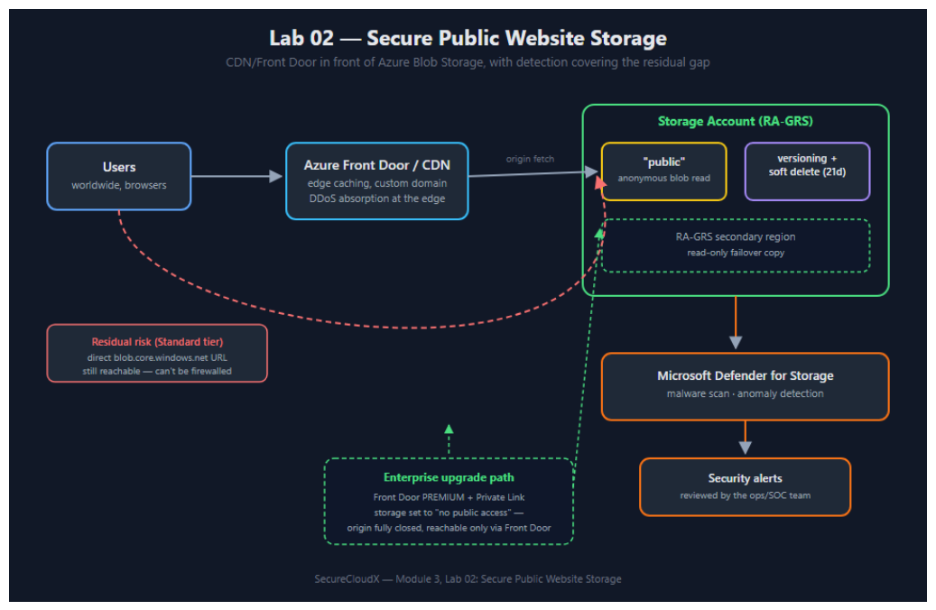 Lab 02 architecture — Front Door/CDN in front of Azure Blob Storage, with Defender for Storage covering the residual gap